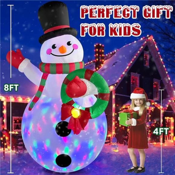 8FT Christmas Inflatable Snowman Holding Garland With Colorful LEDs Lights - Picture 3 of 6